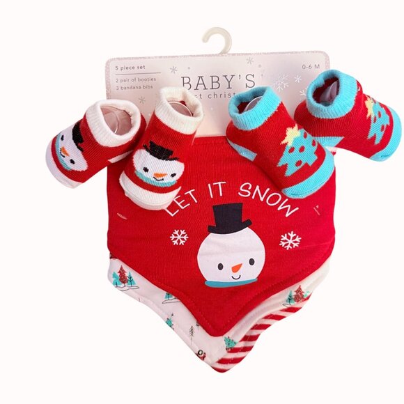 Babys First Christmas Gift Set Embroidered Hat Booties Bibs Blanket Santa Plush - Picture 4 of 13